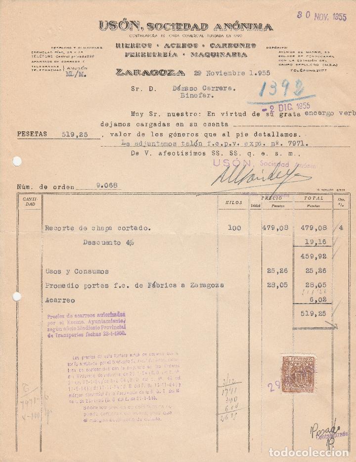Fatture antiche: FACTURA. USON. SOCIEDAD ANONIMA. HIERROS-ACEROS-CARBONES-FERRETERIA. ZARAGOZA. 1955.