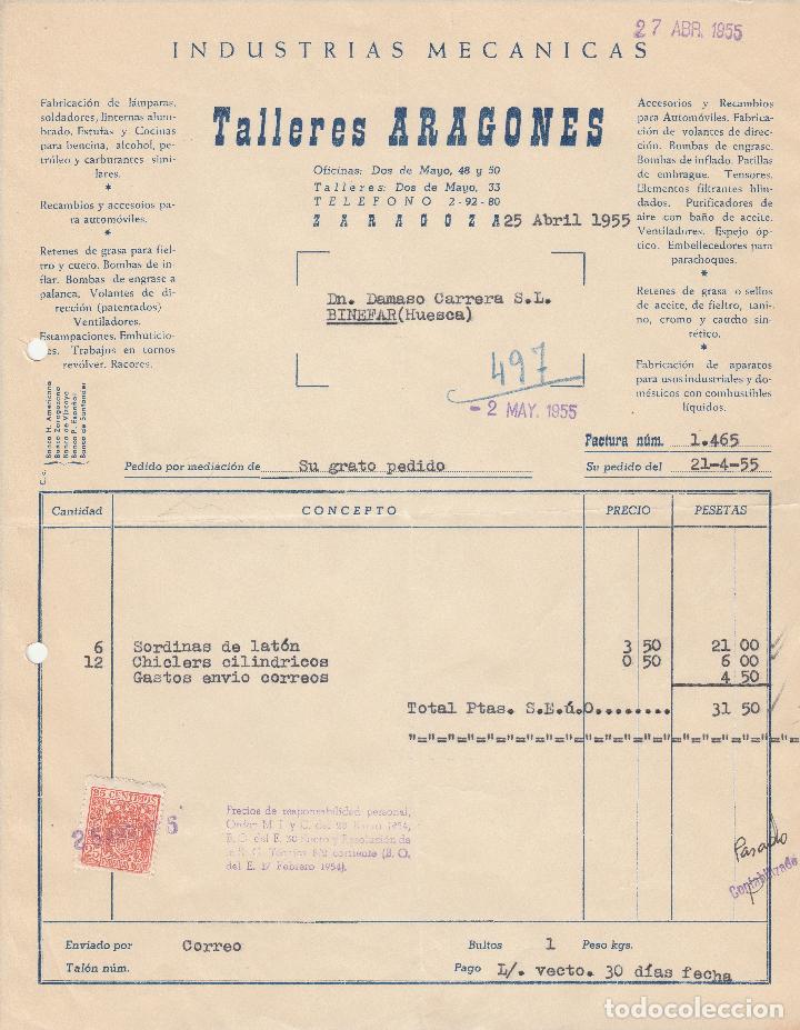 Fatture antiche: FACTURA. TALLERES ARAGON&Eacute;S. INDUSTRIAS MEC&Aacute;NICAS. ZARAGOZA. 1955.