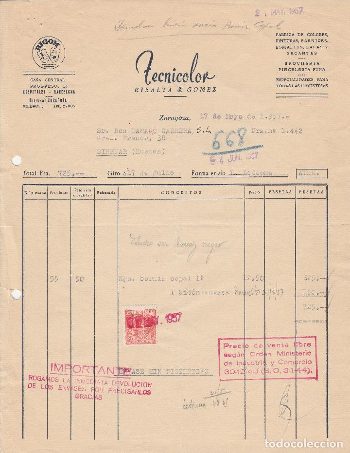 Fatture antiche: FACTURA. TECNICOLOR RIBALTA & GOMEZ. BROCHERIA PINCELERIA FINA. ZARAGOZA. 1957.
