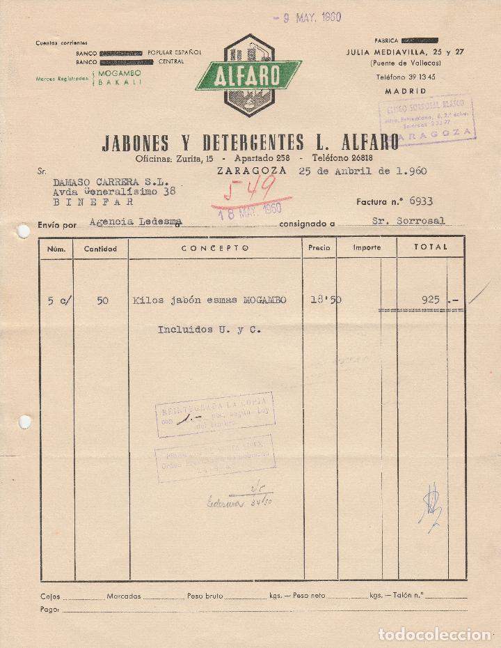 Fatture antiche: FACTURA. ALFARO. JABONES Y DETERGENTES L. ALFARO. ZARAGOZA. 1960.