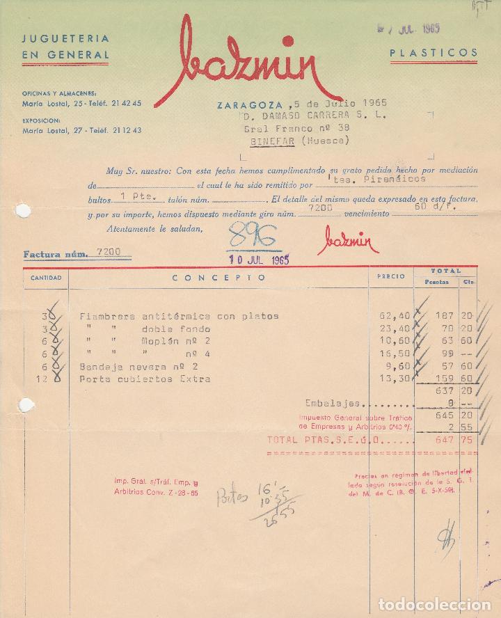 Fatture antiche: FACTURA. BAZMIN. JUGUETERIA EN GENERAL. ZARAGOZA. 1965.
