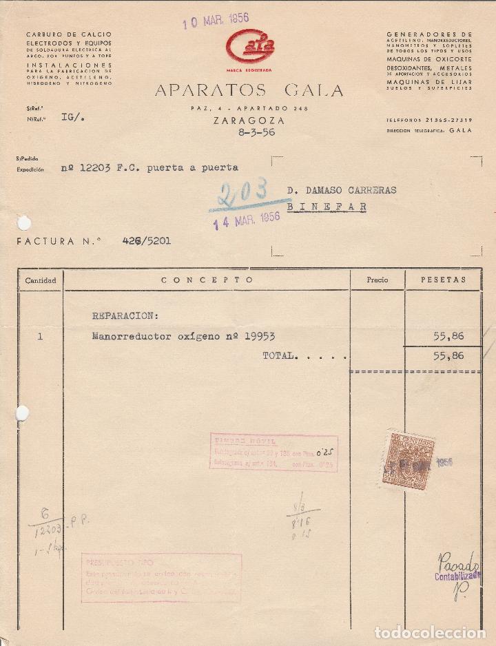 Fatture antiche: FACTURA. APARATOS GALA. CARBURO DE CALCIO. ZARAGOZA. 1956.