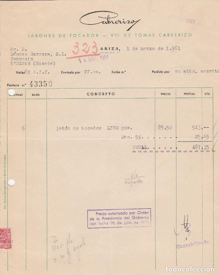 Fatture antiche: FACTURA. CABRERIZO. JABONES DE TOCADOS - VDA. DE TOMAS CABRERIZO. ARIZA. 1961.