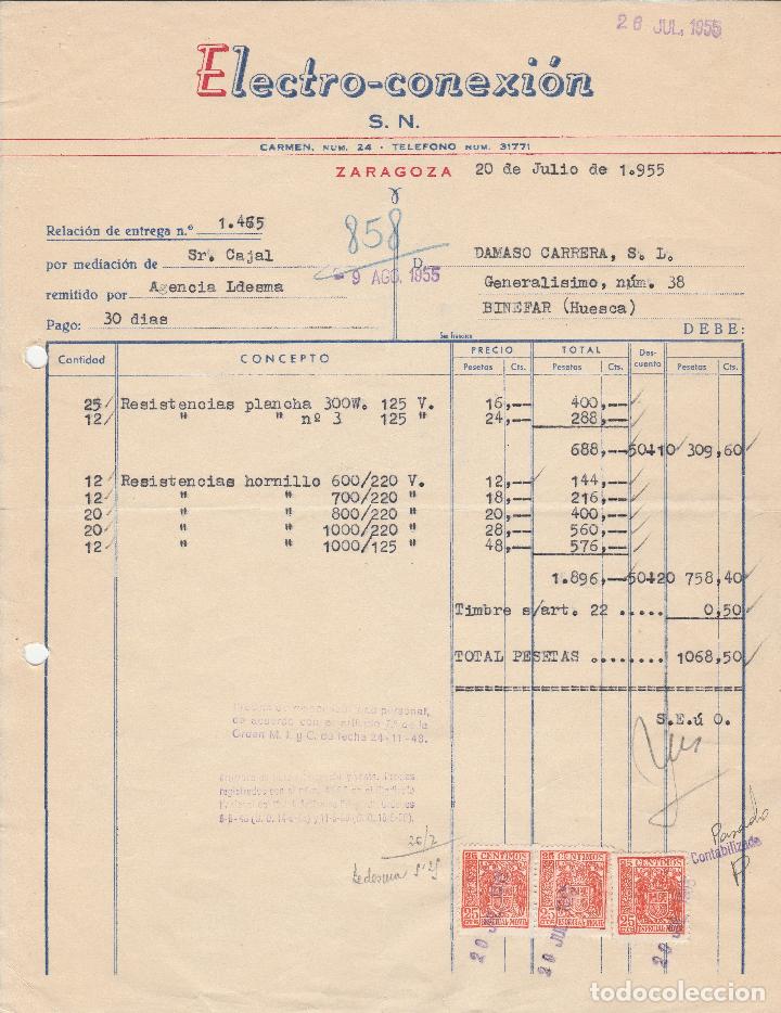 Fatture antiche: FACTURA. ELECTRO-CONEXI&Oacute;N . ZARAGOZA. 1955.