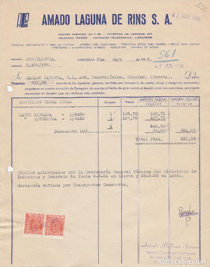 Factures anciennes: FACTURA. AMADO LAGUNA DE RINS, S.A. APARATOS TOPOGR&Aacute;FICOS Y PARA LAS CIENCIAS. ZARAGOZA. 1956.
