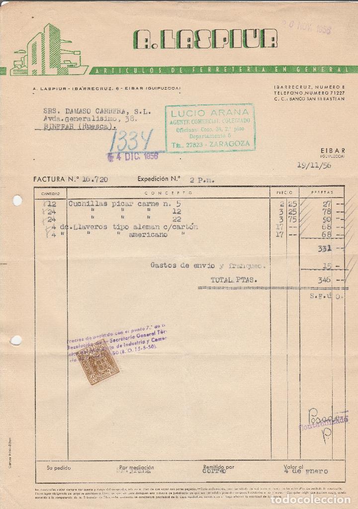 Factures anciennes: FACTURA. A. LASPIUR. ARTICULOS DE FERRETERIA EN GENERAL. EIBAR-GUIPUZCOA. 1956.