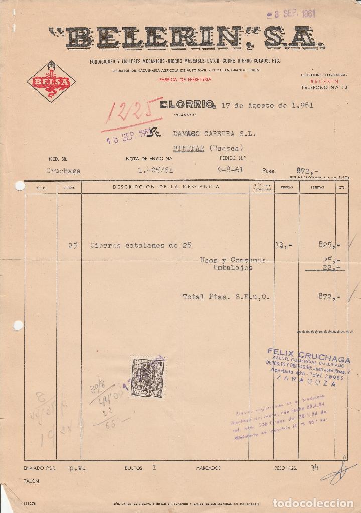 Factures anciennes: FACTURA. BELERIN S.A. FUNDICIONES Y TALLERES MEC&Aacute;NICOS. ELORRIO-VIZCAYA. 1961.
