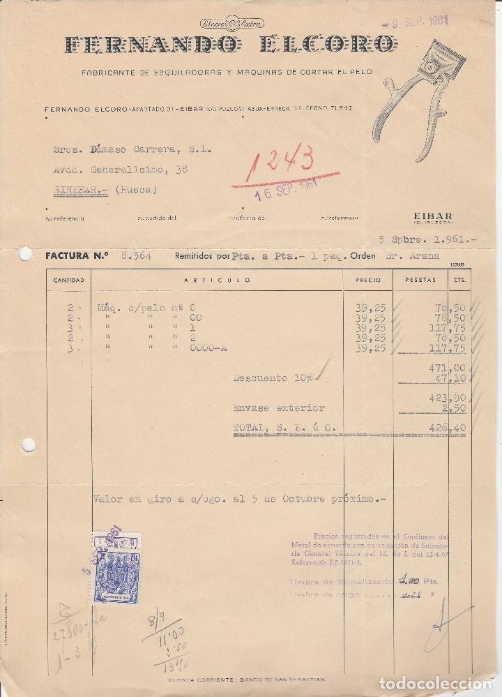 Factures anciennes: FACTURA. FERNANDO ELCORO. FABRICANTES DE ESQUILADORAS. EIBAR-GUIPUZCOA. 1961.