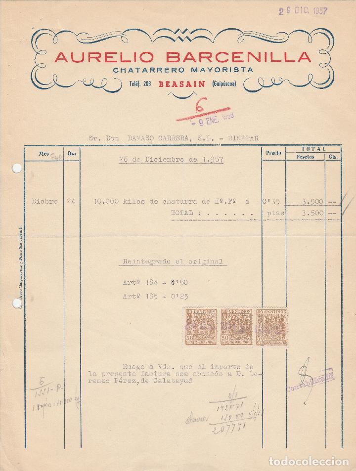 Factures anciennes: FACTURA. AURELIO BARCENILLA. CHATARRERO MAYORISTA. BEASAIN-GUIPUZCOA. 1957.