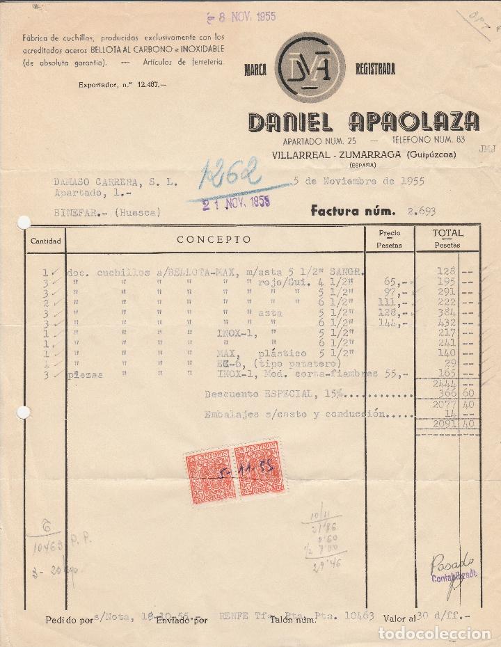 Factures anciennes: FACTURA. DANIEL APAOLAZA. F&Aacute;BRICA DE CUCHILLOS. ZUMARRAGA. GUIPUZCOA. 1955.