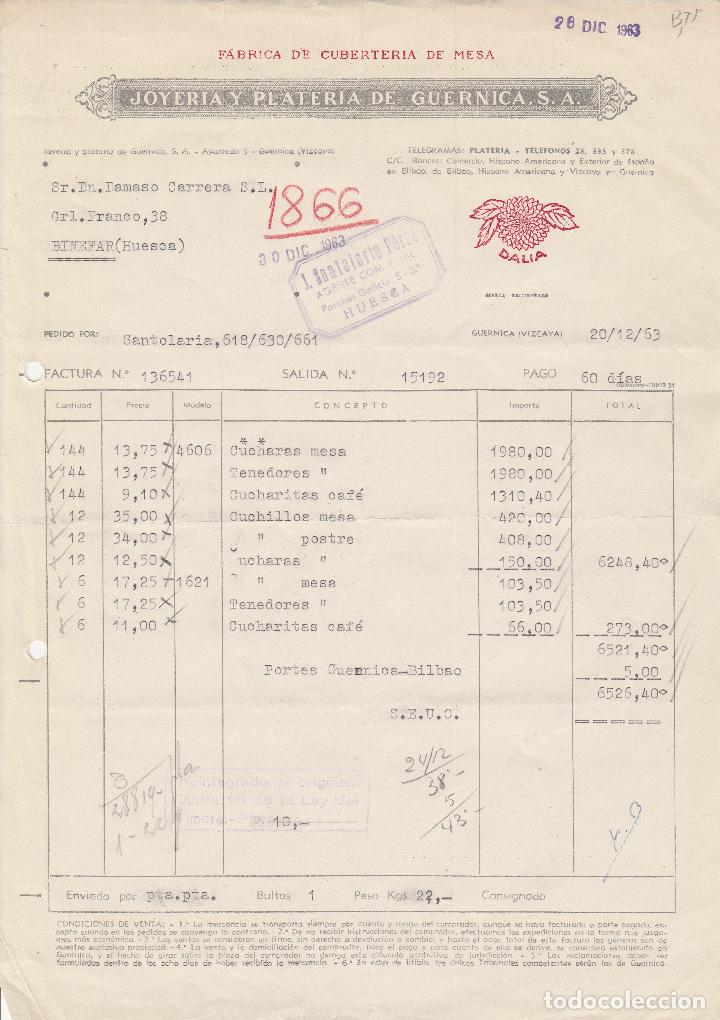 Factures anciennes: FACTURA. JOYERIA Y PLATERIA DE GUERNICA S.A. FABRICA DE CUBERTER&Iacute;A DE MESA.  VIZCAYA. 1963
