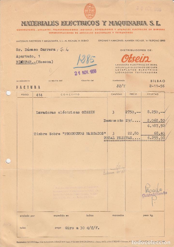 Factures anciennes: FACTURA. MATERIALES ELECTRICOS Y MAQUINARIA, S.L. CONDUCTORES-AISLANTES. OTSEIN. BILBAO. 1956.