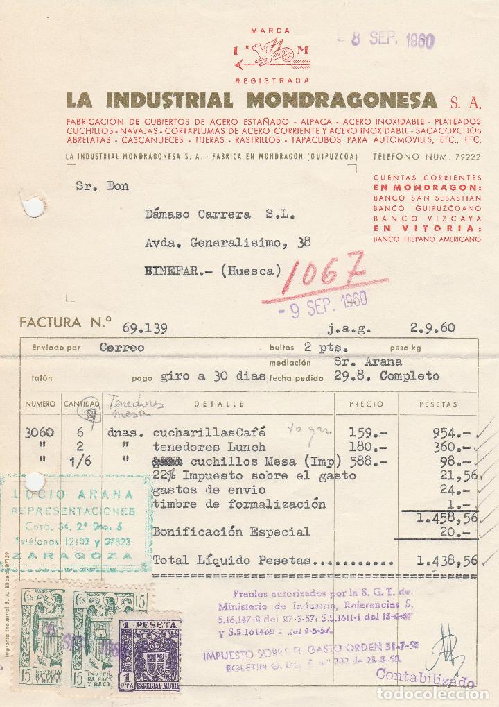 Factures anciennes: FACTURA. LA INDUSTRIAL MONDRAGONESA, S.A. FABRICACI&Oacute;N DE CUBIERTOS DE ACERO. GUIPUZCOA. 1960.