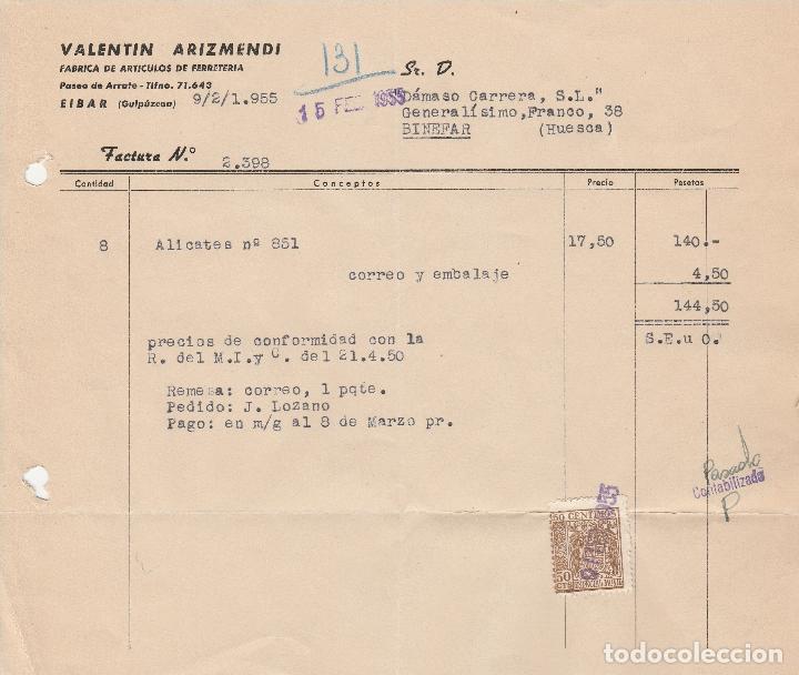 Factures anciennes: FACTURA. VALENTIN ARIZMENDI. F&Aacute;BRICA DE ARTICULOS DE FERRETERIA. EIBAR - GUIPUZCOA. 1955.