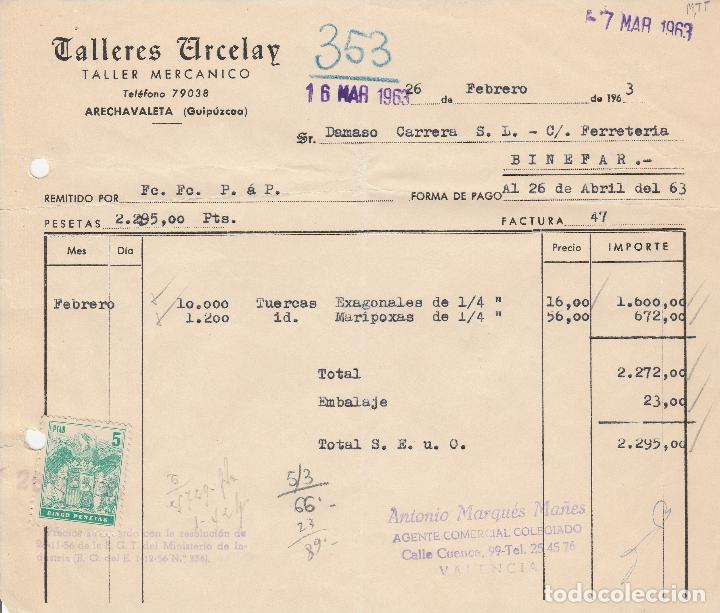 Factures anciennes: FACTURA. TALLERES ARCELAY. TALLER MEC&Aacute;NICO. ARECHAVALETA. GUIPUZCOA. 1963.