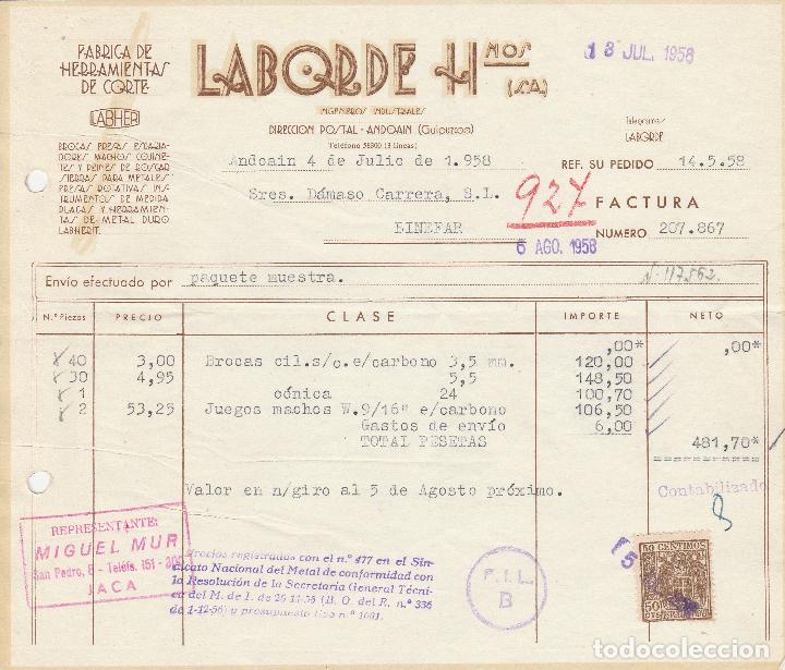 Factures anciennes: FACTURA. LABORDE HNOS. S.A. F&Aacute;BRICA DE HERRAMIENTAS DE CORTE. ANDOAIN-GUIPUZCOA. 1958.