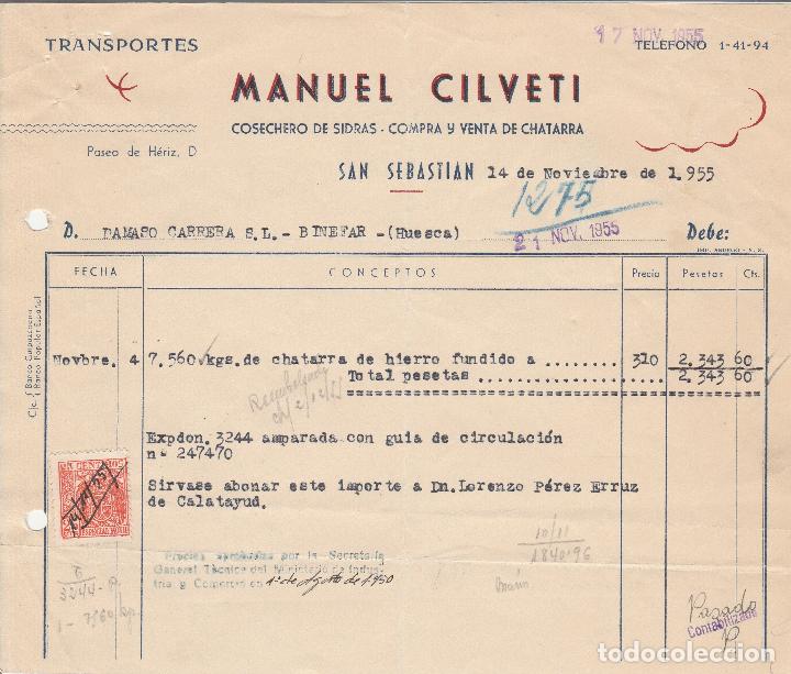 Factures anciennes: FACTURA. MANUEL CILVETI. COSECHERO DE SIDRAS. COMPRA Y VENTA DE CHATARRA. SAN SEBASTIAN 1955.