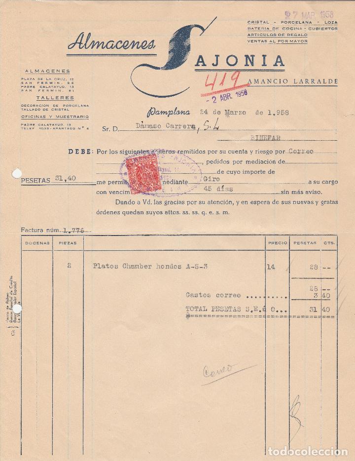 Alte Rechnungen: FACTURA. ALMACENES SAJONIA. DECORACI&Oacute;N DE PORCELANA.TALLADO DE CRISTAL. PAMPLONA. 1958.