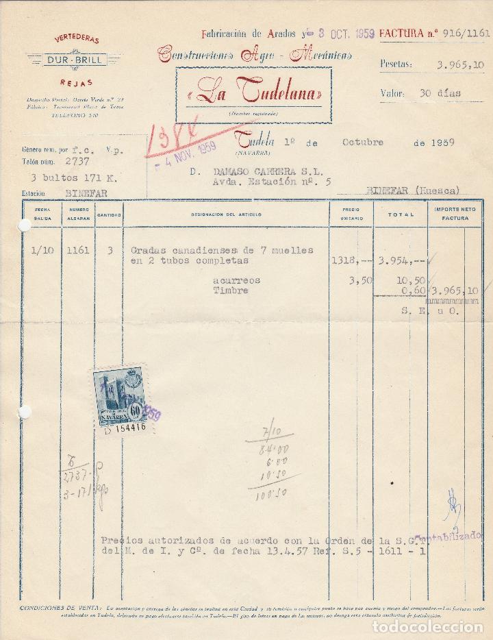 Fatture antiche: FACTURA. LA TUDELANA. F&Aacute;BRICA DE ARADOS Y CONSTRUCCIONES AGRO-MEC&Aacute;NICAS. TUDELA-NAVARRA. 1959.