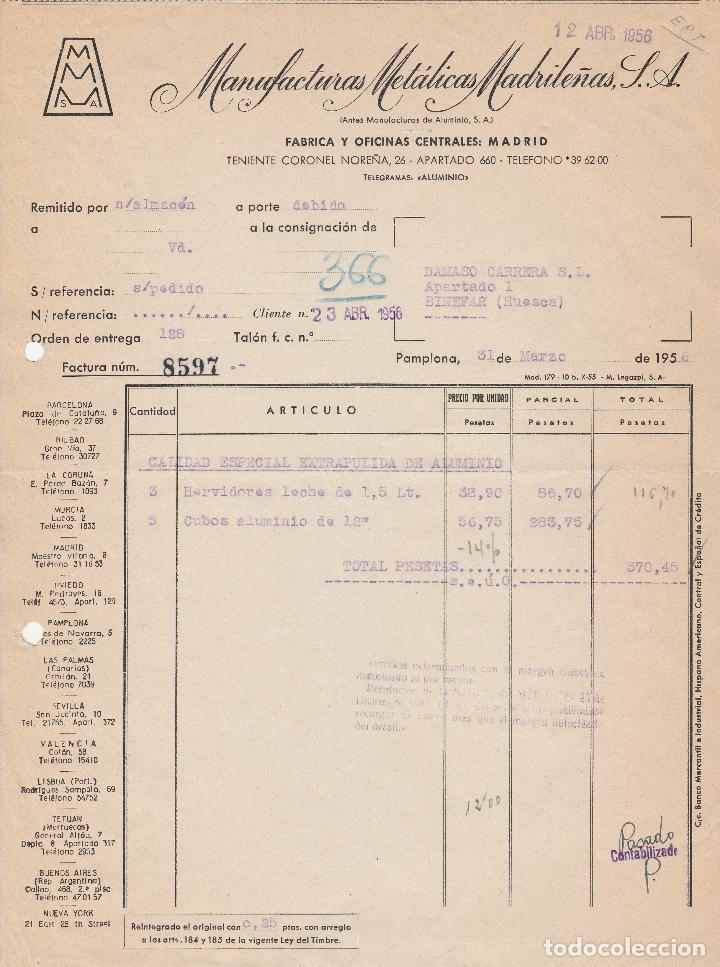 Fatture antiche: FACTURA. MANUFACTURAS MET&Aacute;LICAS MADRILE&Ntilde;AS, S.A. PAMPLONA. 1956.