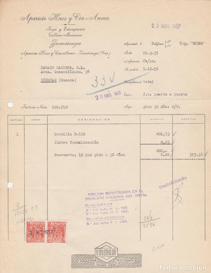 Fatture antiche: FACTURA. APARICIO HNOS. Y CIA.-ANMA. FORJA Y ESTAMPACI&Oacute;N. ZUM&Aacute;RRAGA-GUIPUZCOA. 1957.