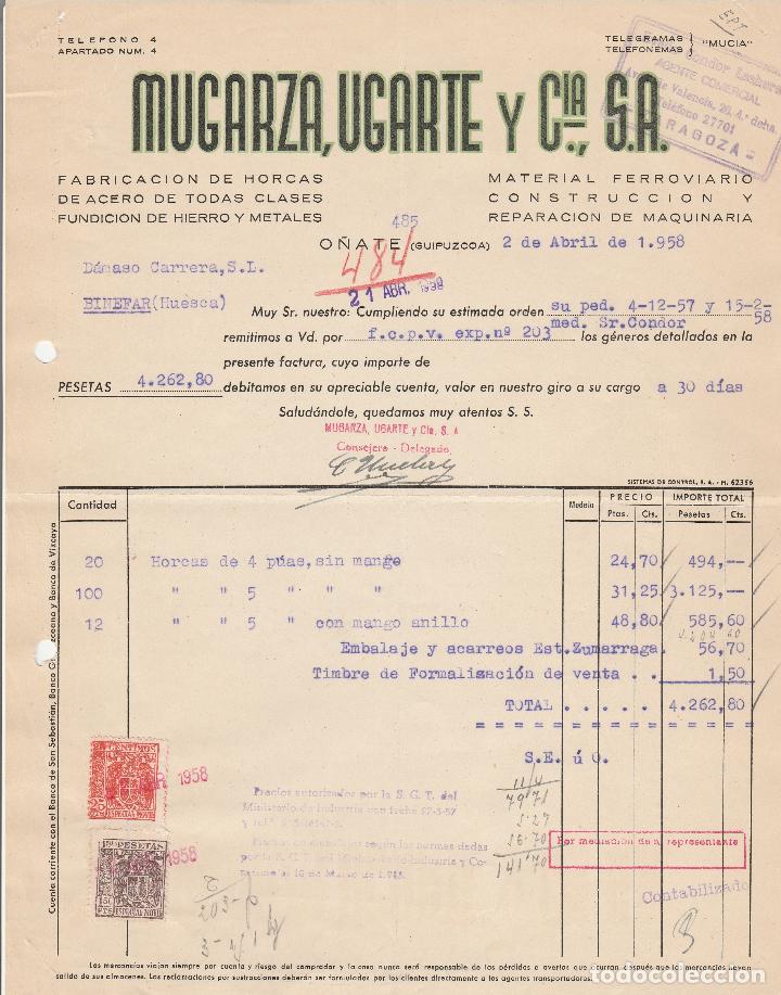 Fatture antiche: FACTURA. MUGARZA, UGARTE Y CIA,S.A. FABRICACI&Oacute;N DE HORCAS.MATERIAL FERROVIARIO. O&Ntilde;ATE-GUIPUZCOA.1958
