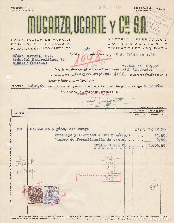 Fatture antiche: FACTURA. MUGARZA, UGARTE Y CIA,S.A. FABRICACI&Oacute;N DE HORCAS.MATERIAL FERROVIARIO. O&Ntilde;ATE-GUIPUZCOA.1961