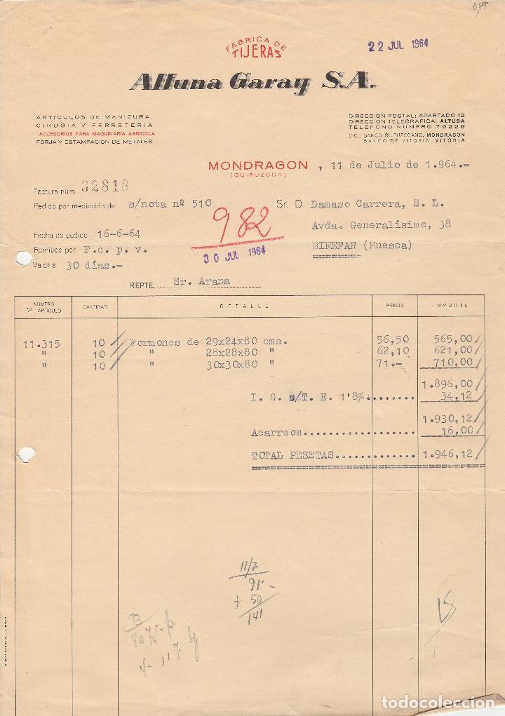 Alte Rechnungen: FACTURA. FABRICA DE TIJERAS. ALLUNA GARAY S.A. MONDRAG&Oacute;N-GUIPUZCOA.1964.