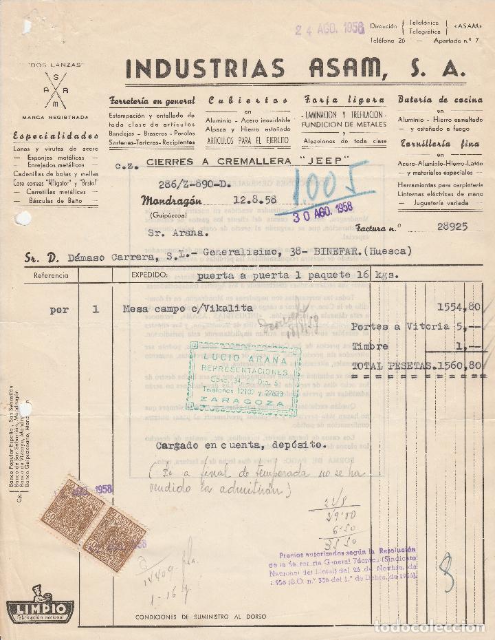 Alte Rechnungen: FACTURA. INDUSTRIAS ASAM, S.A. FERRETERIA EN GENERAL. MONDRAG&Oacute;N-GUIPUZCOA. 1958.