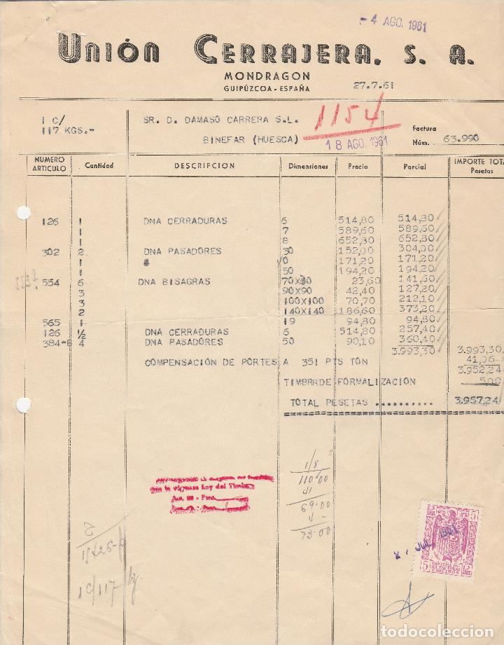Alte Rechnungen: FACTURA. UNION CERRAJERA S.A. MONDRAGON-GUIPUZCOA. 1961.