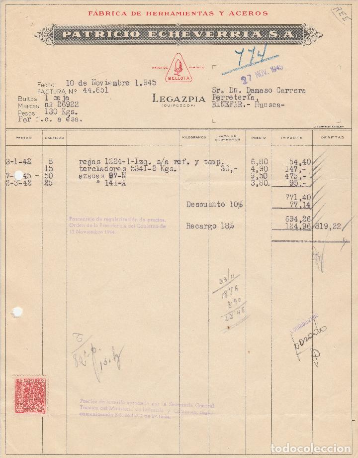 Alte Rechnungen: FACTURA. PATRICIO ECHEVARRIA, S.A. FABRICA DE HERRAMIENTAS Y ACEROS. LEGAZPIA-GUIPUZCOA. 1945.