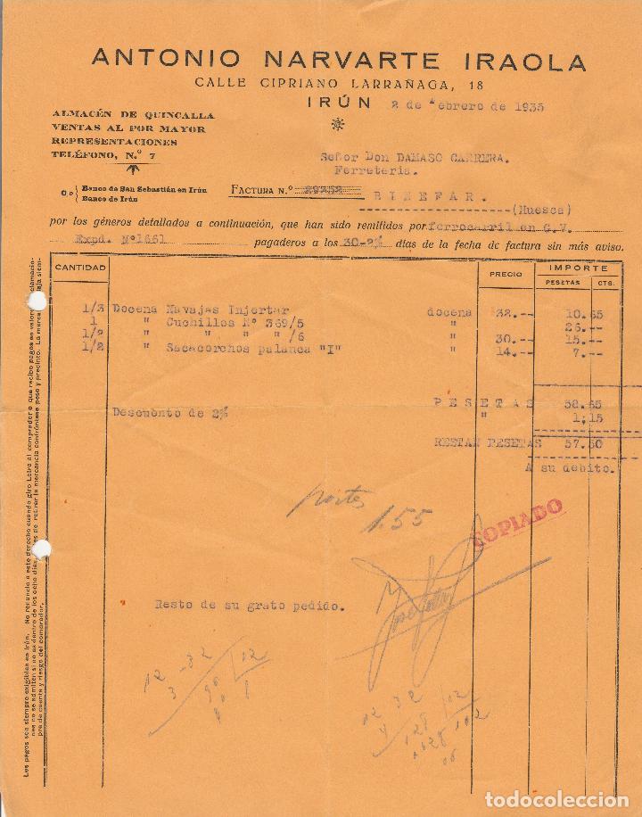 Alte Rechnungen: FACTURA. ANTONIO NARVARTE IRAOLA. ALMAC&Eacute;N DE QUINCALLA.  IR&Uacute;N . 1935