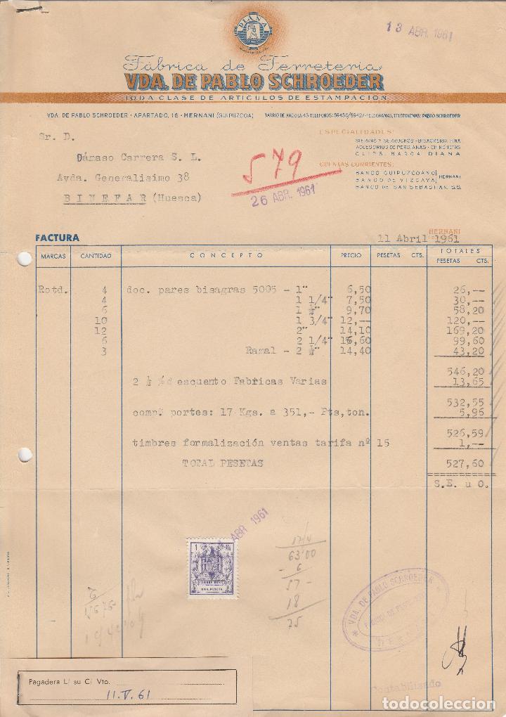 Alte Rechnungen: FACTURA. VDA. DE PABLO SCHROEDER. F&Aacute;BRICA DE FERRETERIA. HERNANI. GUIPUZCOA. 1961.