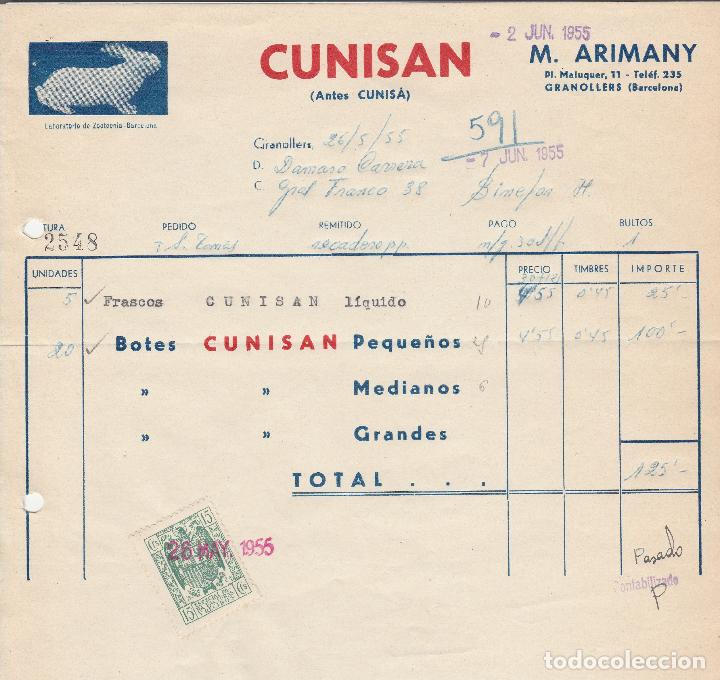 Fatture antiche: FACTURA. CUNISAN.  LABORATORIO DE ZOOTECNIA.  GRANOLLERS-BARCELONA. 1955.