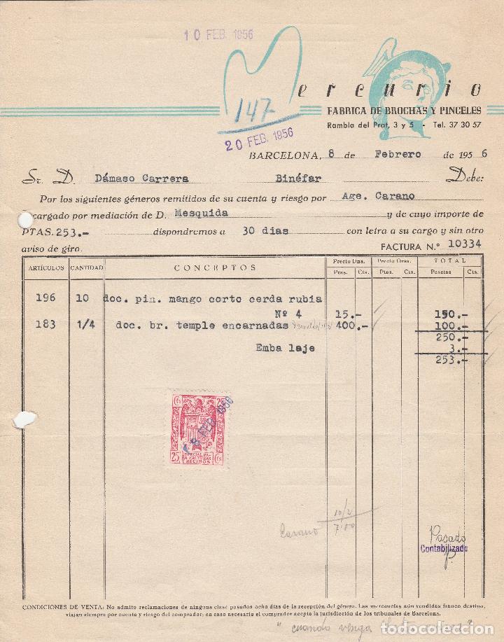 Fatture antiche: FACTURA. MERCURIO. F&Aacute;BRICA DE BROCHAS Y PINCELES. BARCELONA. 1956
