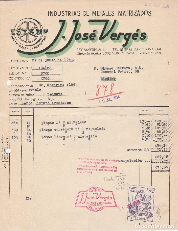 Fatture antiche: FACTURA. J.JOS&Eacute; VERG&Eacute;S. INDUSTRIAS DE METALES MATRIZADOS. BARCELONA. 1958.