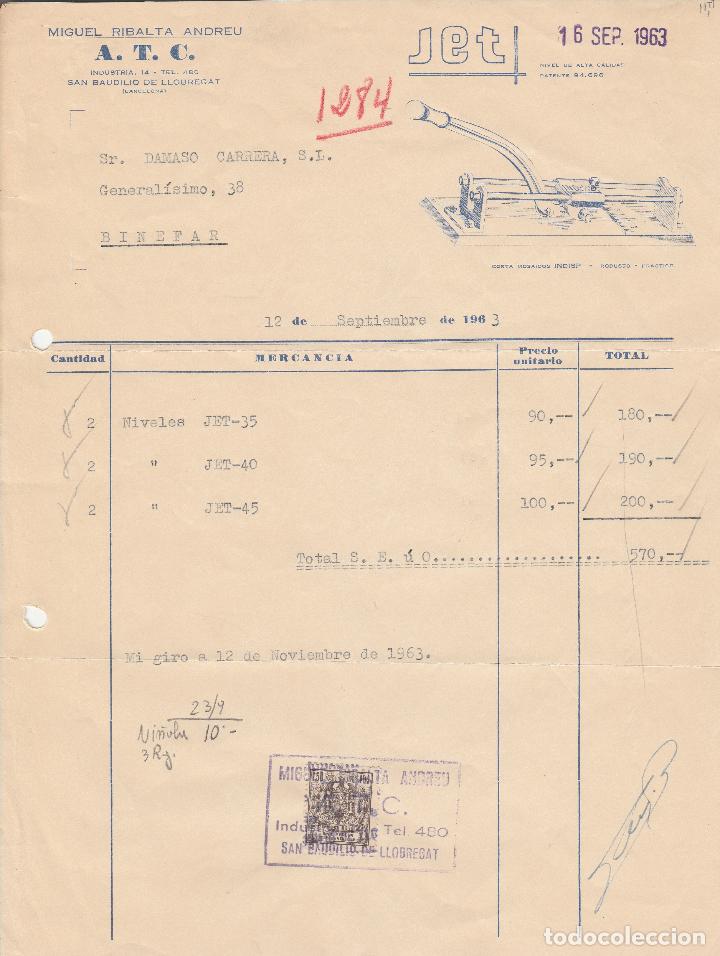 Fatture antiche: FACTURA. MIGUEL RIBALTA ANDREU. A.T.C. JET. NIVEL DE ALTA CALIDAD. BARCELONA. 1963.