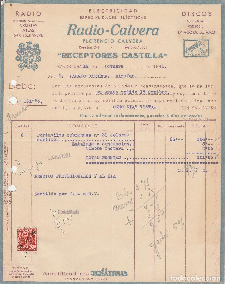 Fatture antiche: FACTURA. RADIO-CALVERA. ESPECIALIDADES EL&Eacute;CTRICAS. BARCELONA. 1941.