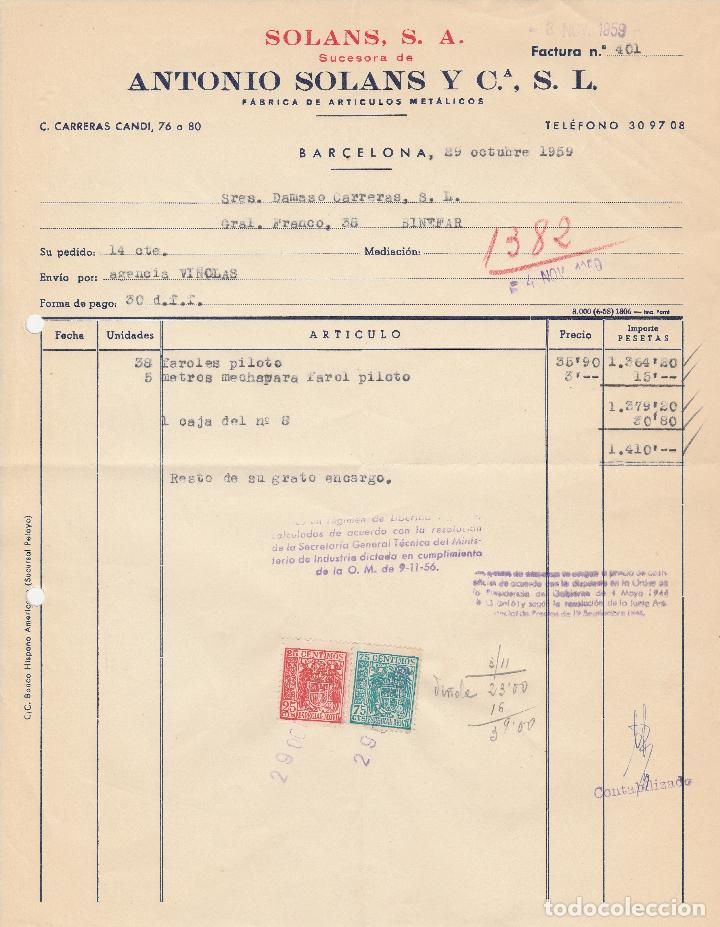 Fatture antiche: FACTURA. SOLANS, S.A. ANTONIO SOLANS Y CIA. S.L. F&Aacute;BRICA DE ART&Iacute;CULOS MET&Aacute;LICOS. BARCELONA. 1959.