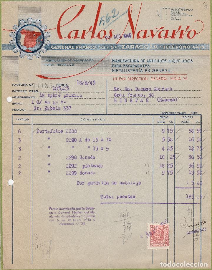 Alte Rechnungen: FACTURA. CARLOS NAVARRO. FABRICACI&Oacute;N DE NOVEDADES PARA REGALOS. ZARAGOZA. 1945.