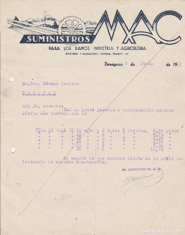 Alte Rechnungen: FACTURA. SUMINISTRO MAC. PARA LOS RAMOS INDUSTRIA Y AGRICULTURA. ZARAGOZA. 1942.