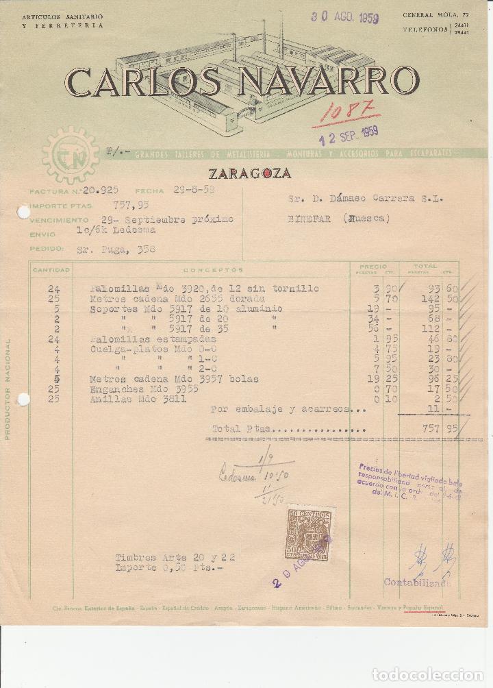 Alte Rechnungen: FACTURA. CARLOS NAVARRO. ARTICULOS SANITARIO Y FERRETERIA. ZARAGOZA. 1959.