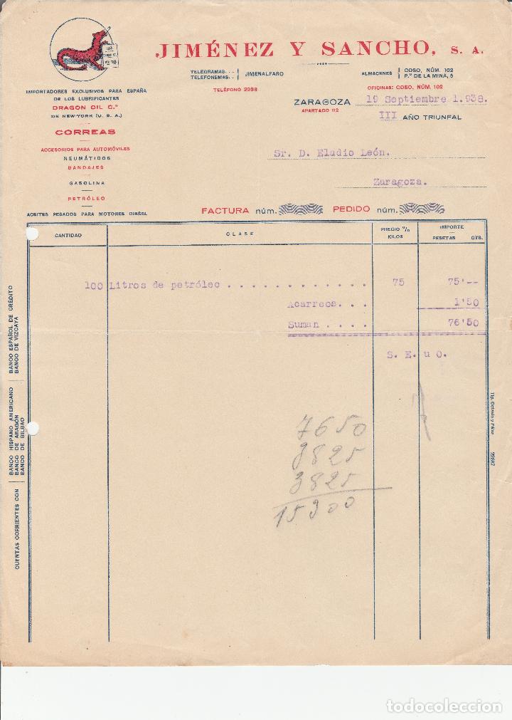 Alte Rechnungen: FACTURA. JIMENEZ Y SANCHO, S.A. ACCESORIOS PARA AUTOM&Oacute;VILES. ZARAGOZA. 1938.