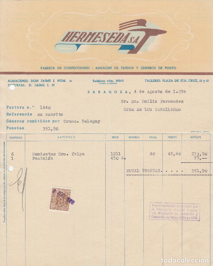 Alte Rechnungen: FACTURA. HERMESEDA S.A. F&Aacute;BRICA DE CONFECCIONES. ALMAC&Eacute;N DE TEJIDOS. ZARAGOZA. 1956