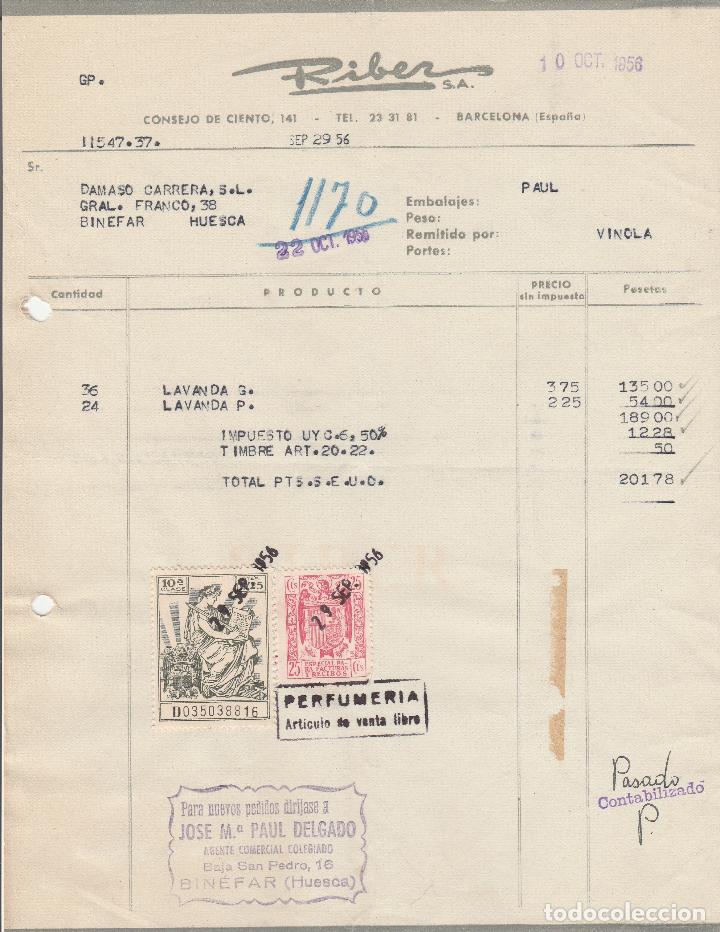 Alte Rechnungen: FACTURA. RIBER, S.A. PERFUMER&Iacute;A ARTICULO DE VENTA LIBRE. BARCELONA. 1956.