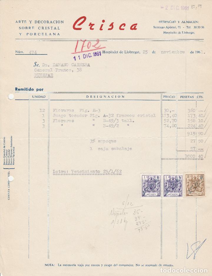 Alte Rechnungen: FACTURA. CRISCA. ARTE Y DECORACI&Oacute;N SOBRE CRISTAL Y PORCELANA. HOSPITALET DE LLOBREGAT. 1961.