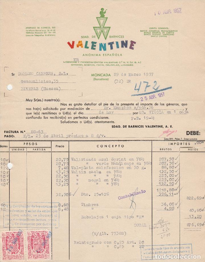 Alte Rechnungen: FACTURA. SDA. DE BARNICES VALENTINE AN&Oacute;NIMA ESPA&Ntilde;OLA. MONCADA-BARCELONA. 1957.