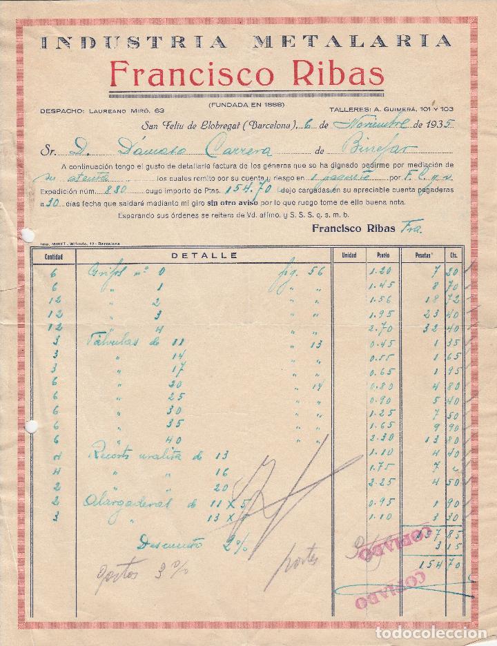 Alte Rechnungen: FACTURA. INDUSTRIA METALARIA FRANCISCO RIBAS. SAN FELIU DE LLOBREGAT-BARCELONA. 1935.