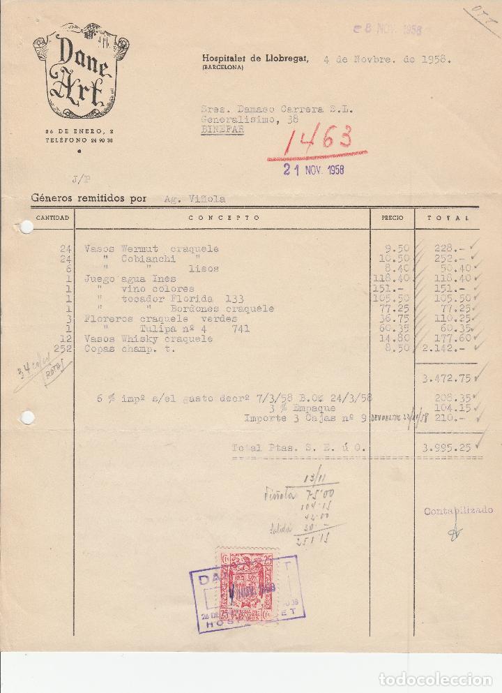 Alte Rechnungen: FACTURA. DANE ART. HOSPITALET DE LLOBREGAT. 1958.