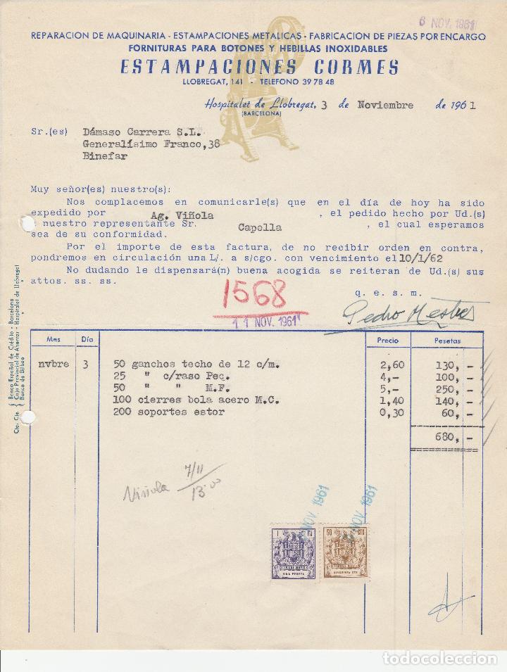 Alte Rechnungen: FACTURA. ESTAMPACIONES CORMES. FORNITURAS PARA BOTONES Y HEBILLAS. HOSPITALET DE LLOBREGAT. 1961.